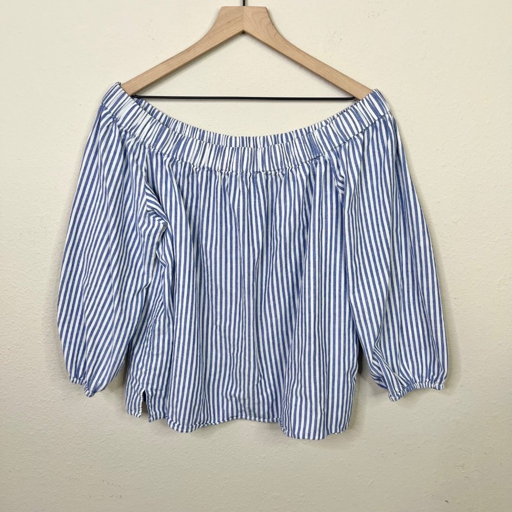 Lane Bryant Women's Blue White Stripe Off Shoulder Blouse Size 14/16 100% Cotton